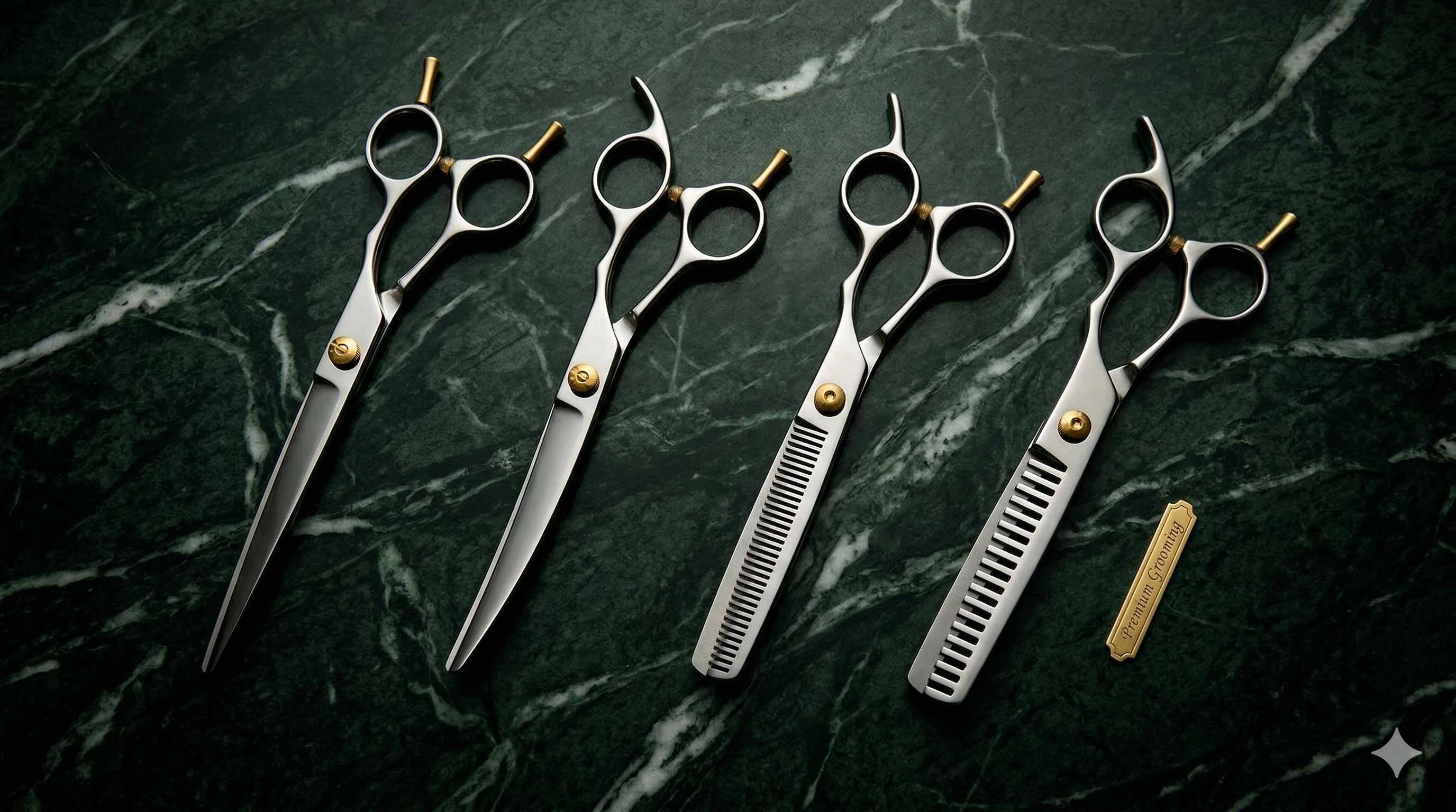 Professional dog grooming scissors displayed on a grooming surface