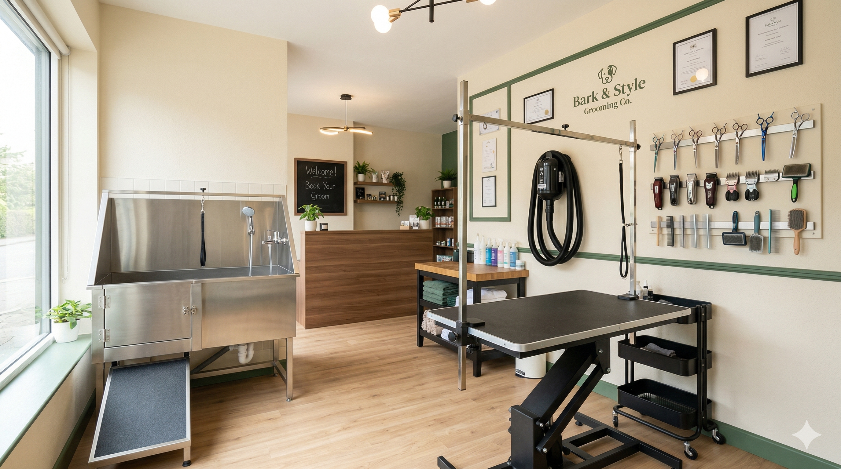 Professional dog grooming salon setup with tables, dryers, and equipment